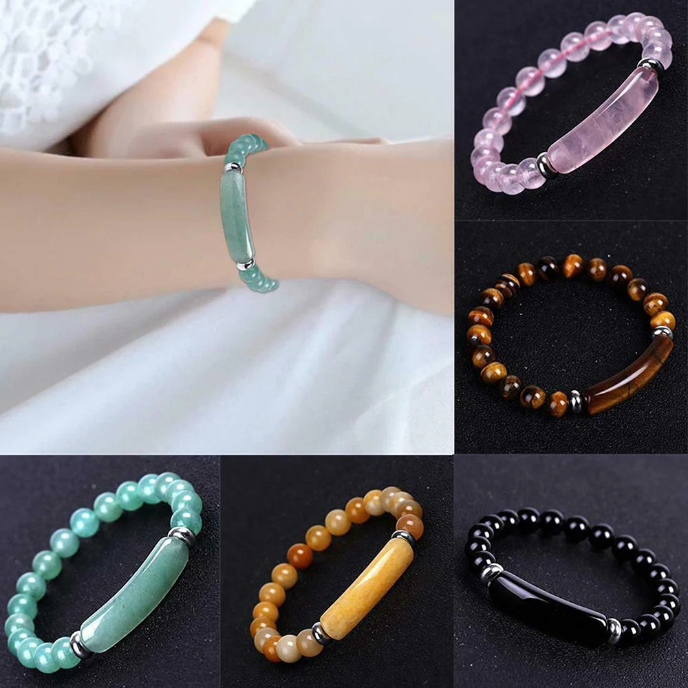 

New Natural Stone Strand Beads Bracelet Amethyst Tiger Eye Agate Gemstone Bangles Rectangle Charm Reiki Bracelets for Men Women
