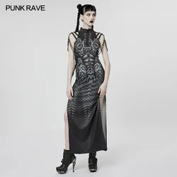 PUNK RAVE Donna Cyber Digitalmente Stampato Future Felling Abito sexy Punk Rivetti in metallo Scollo a V Split Abbigliamento estivo per le donne