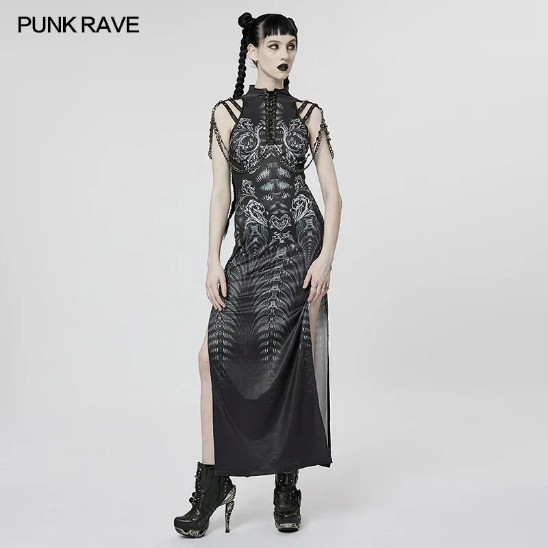 PUNK RAVE Women's Cyber Digitally Printed Future Felling Sexy Dress Punk Metal Rivets V-neck Split Summer Clothing for Women