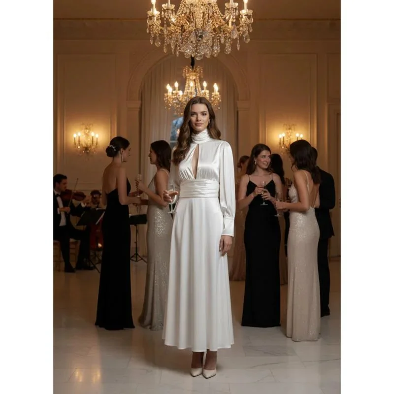 

Women's Elegant Satin Evening Dress Deep V Neck Long Sleeve High Waist Flowing Maxi Gown For Party Banquet Wedding Holiday Style