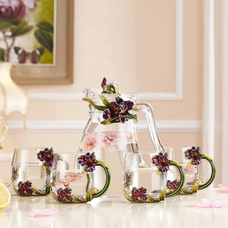 Noshman Gift Box Heat-Resistant Glass 4-Cup Teapot Luxury Enamel Flower Glass Water Cup Set Teapot Tea Set