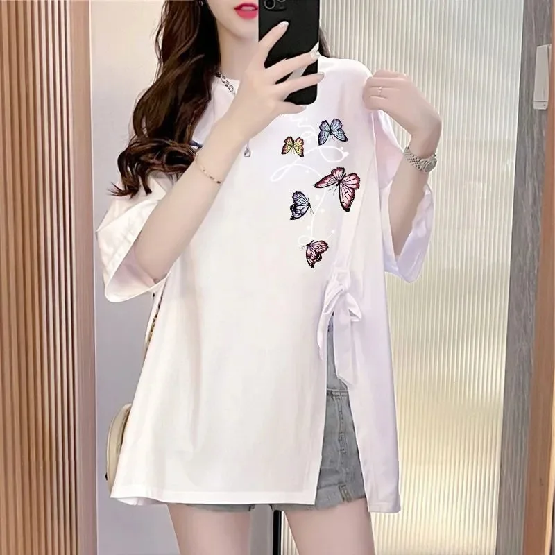 

Women 2025 Summer New Fashion Print Butterfly Long T Shirts Lady Casual Loose Split Bowknot O-Neck Half Sleeve Tops Trendy Tees