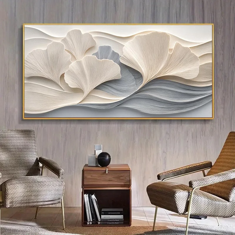 Elegant Modern Abstract Ginkgo Leaf Canvas Art, Frameless White & Golden Wall Decor |Modern Abstract Art |Aesthetic Room Decor