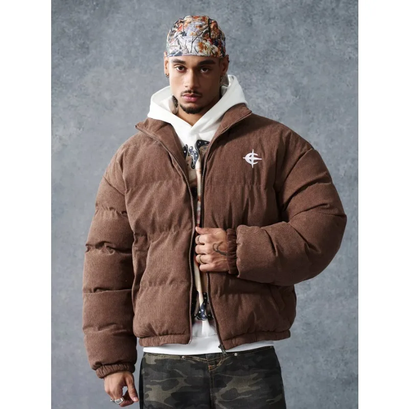 Men Corduroy Padded Jacket Stand Collar Embroidery Zip Loose Cropped Thick Warm Streetwear Casual Coat Autumn Winter for Man