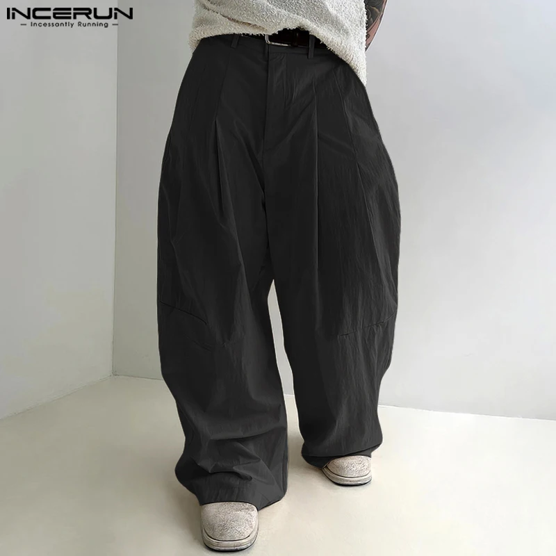 INCERUN Men Pants Button Joggers Solid Color Loose Casual Wide Leg Trousers Men Pleated Streetwear 2025 Male Long Pants S-5XL