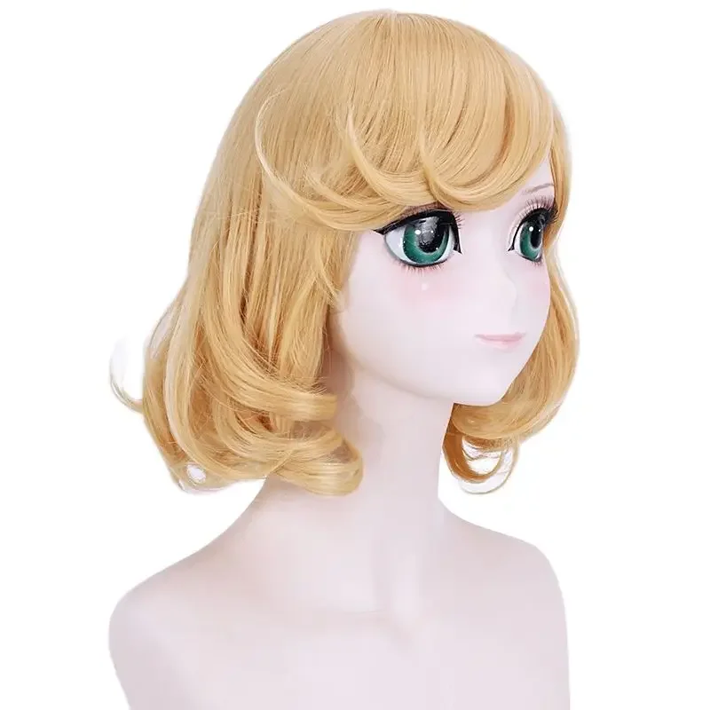 Peluca de Cosplay Itsuki Sumeragi Kakegurui, pelo dorado de onda corta, pelucas resistentes al calor con banda para el pelo de aro verde + gorro de peluca