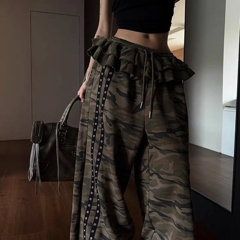 Camouflage American Vintage Two Pieces Trousers Casual Loose All-match Trendy Pantalon Slim Drawstring Wid Leg Pants
