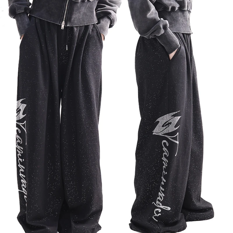 

American Style Loose Wide Leg Pants Women's Jazz Dance Floor Length Casual Trousers Lettering down to Earth Cotton Pants