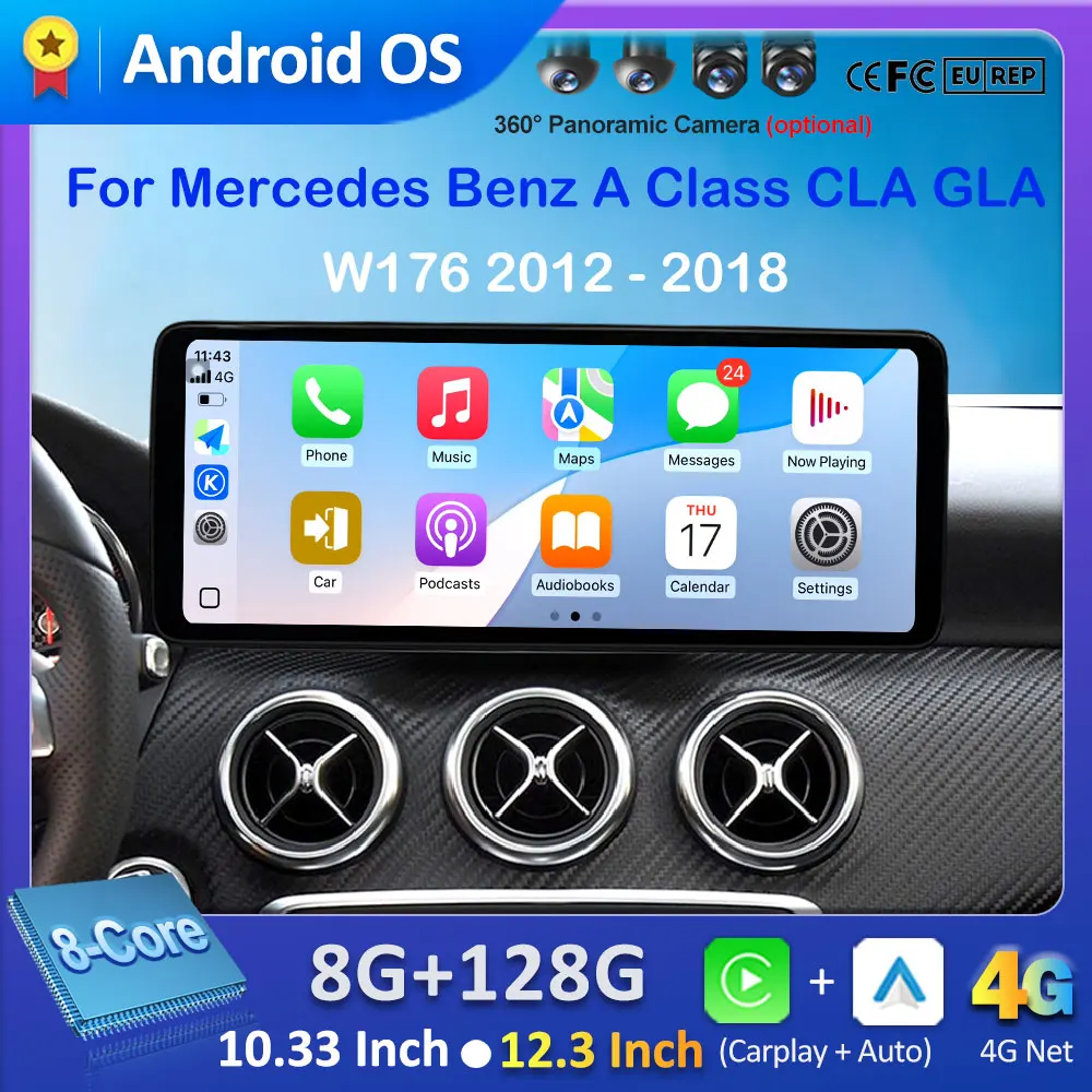 Car Radio Android 15 Navigation GPS Multimedia Player for Mercedes Benz A Class CLA GLA W176 2012 - 2018 4G+WIFI BT QLED Screen