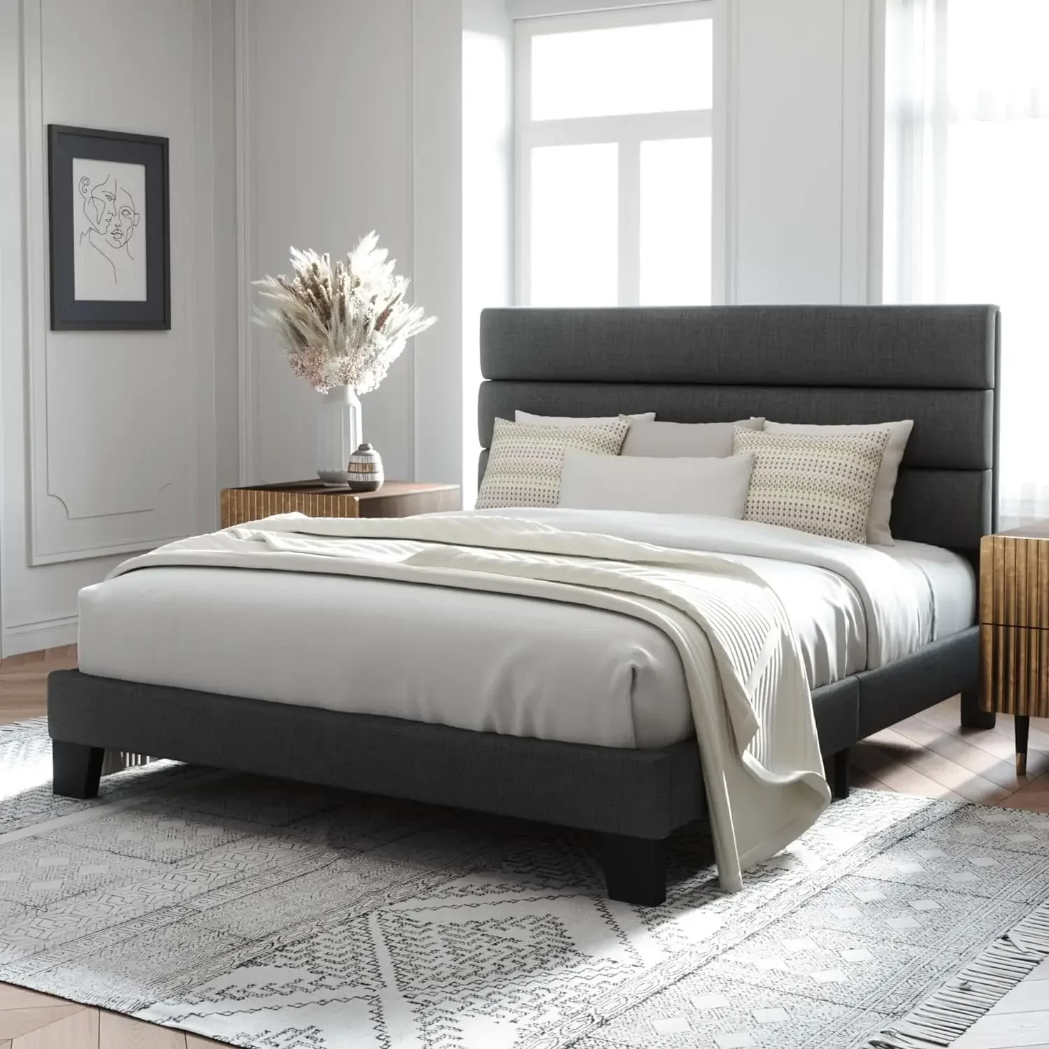 Queen Size Platform Bed Frame with Fabric Upholstered Headboard and Wooden Slats Support, Fully Upholstered Mattress Foundation