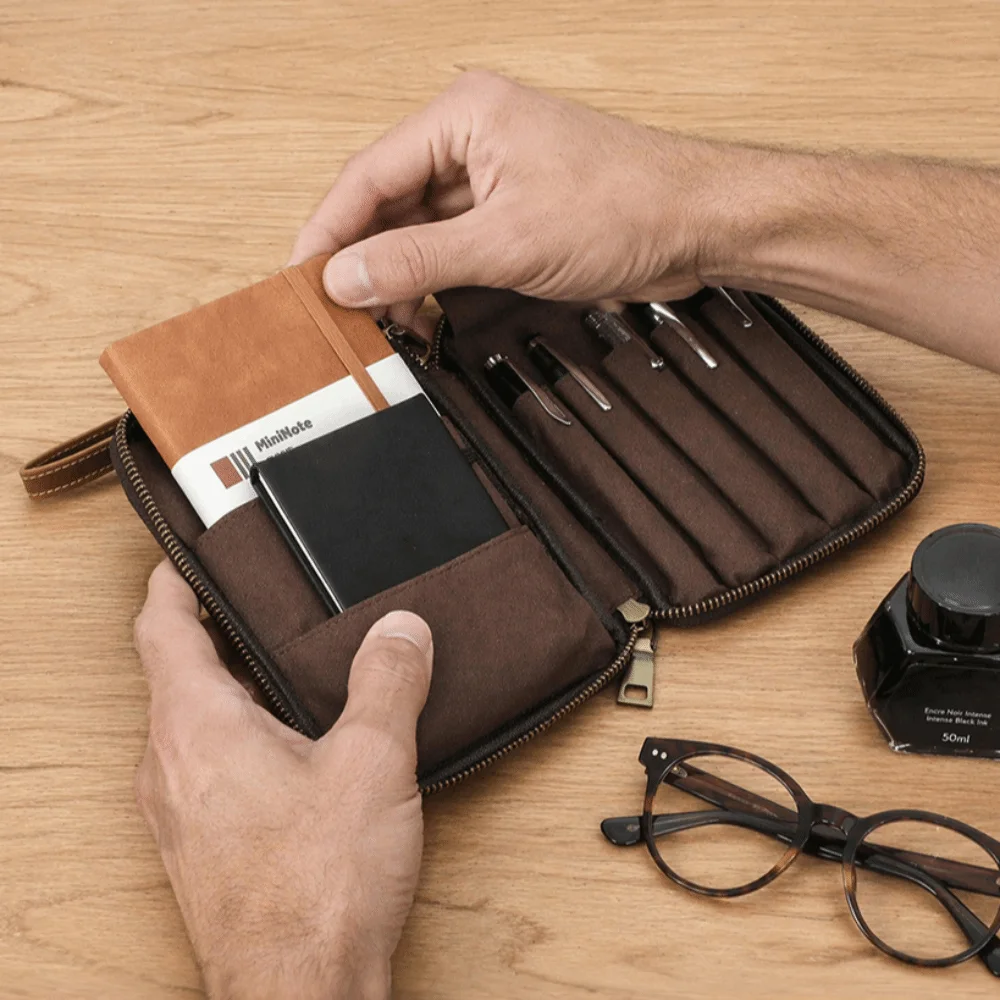 School Supplies Genuine Leather Pen Case Vintage Portable Stationery Case Multi-functional with Zipper Pencil box Travel