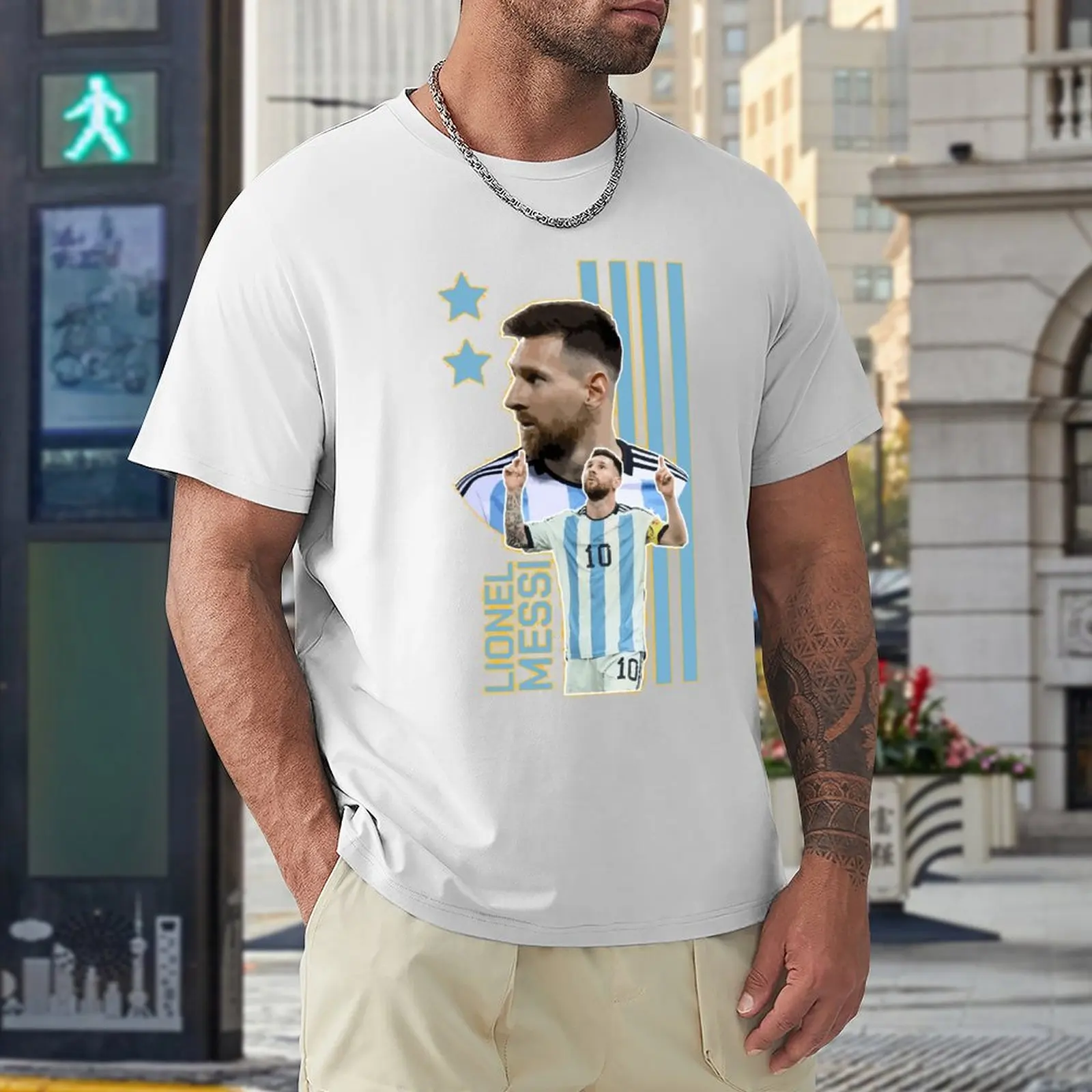 Leão e Andrés e Messi e Argentina No 10 GOAT Caricatura 17 Top Tee Motion, Qualidade de Viagem, EUA Tamanho, Gráfico, CELEBRAÇÃO