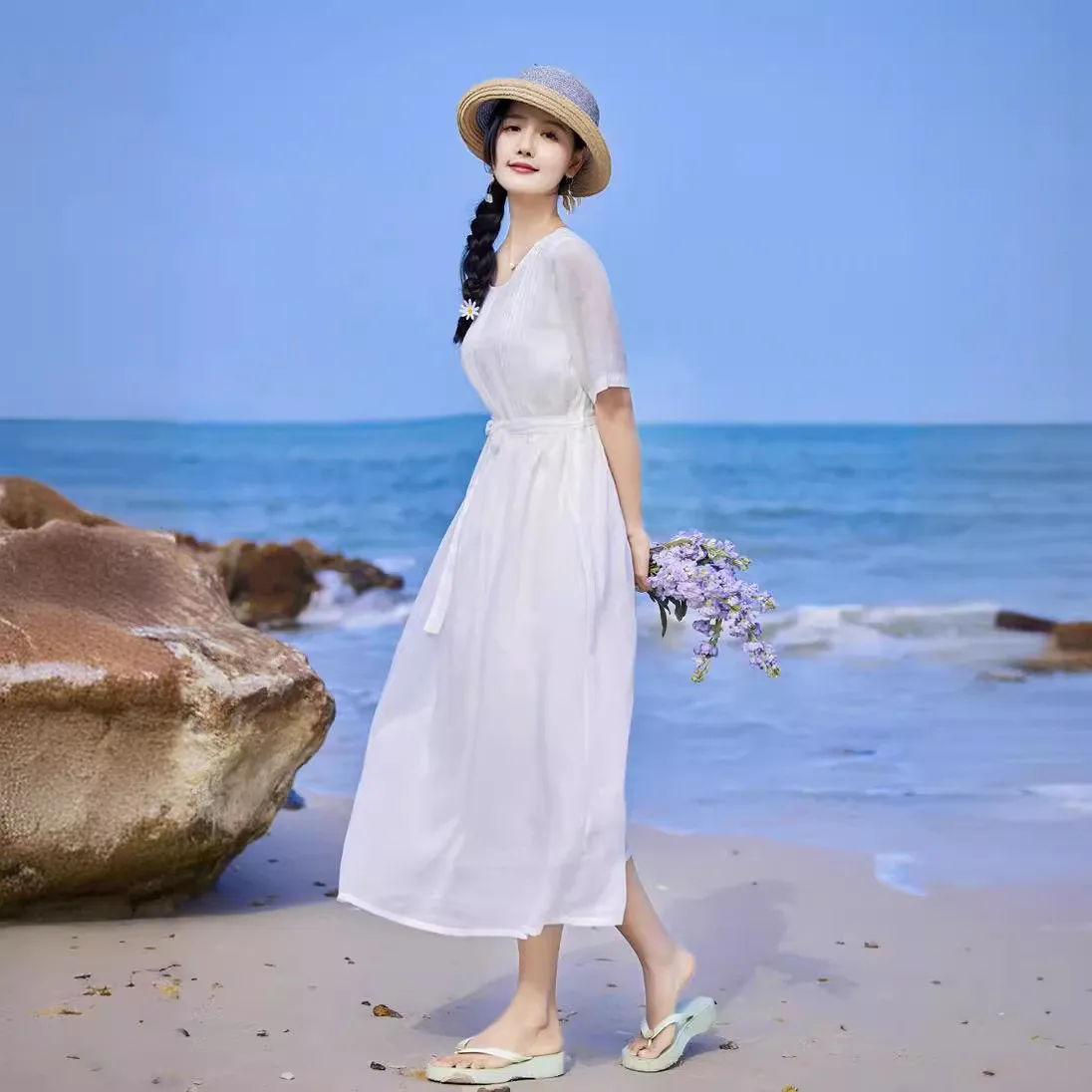 Letnia kolekcja 2025 Nowa Biała Lekka Lniana Plisowana Sukienka Dr Ele Dwuwarstwowa Nie Lekka Casualowa Długa Sukienka Dr