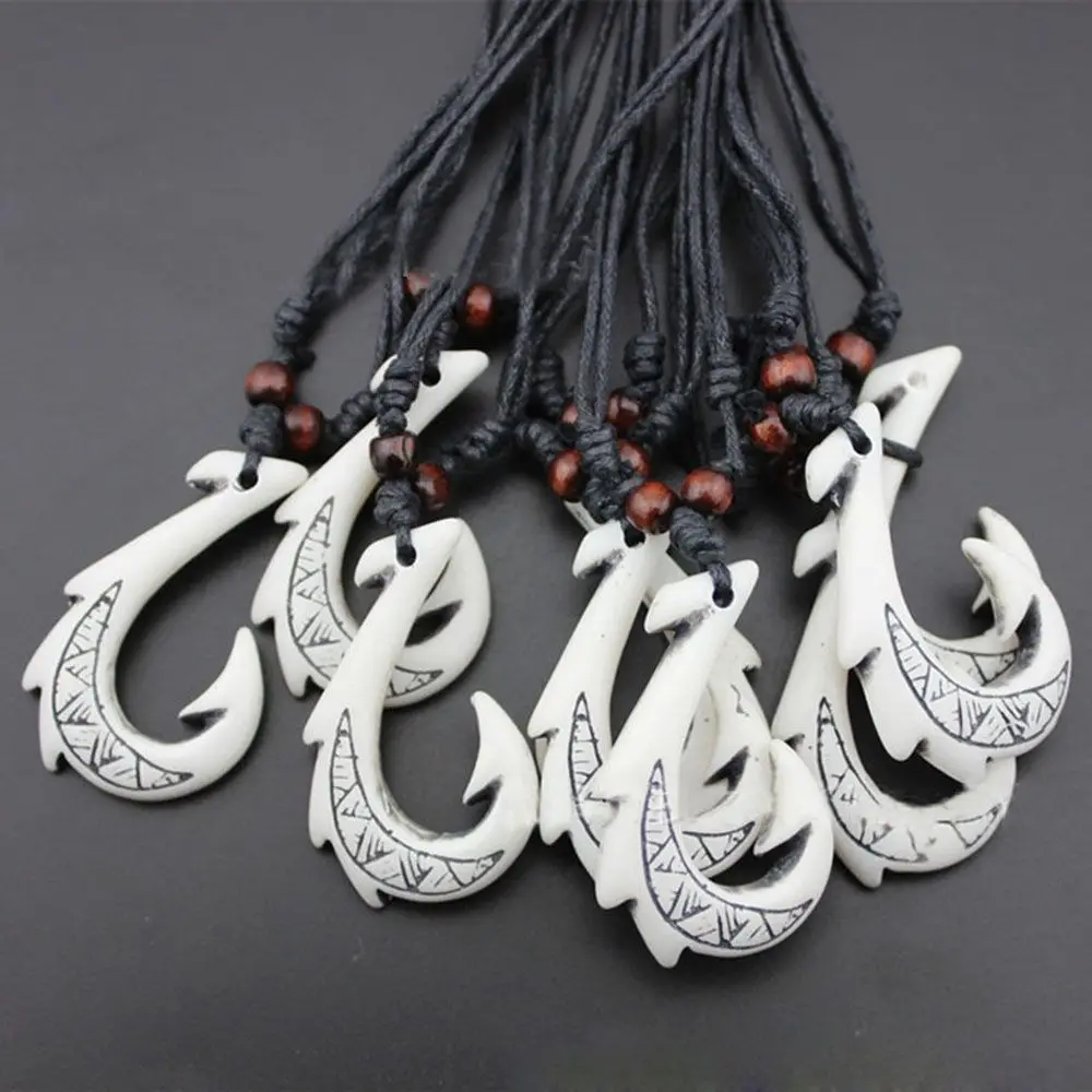 Black Hawaiian Ethnic Maori Cotton Cord Beaded DIY Jewelry Fish Hook Pendant Necklace Handmade