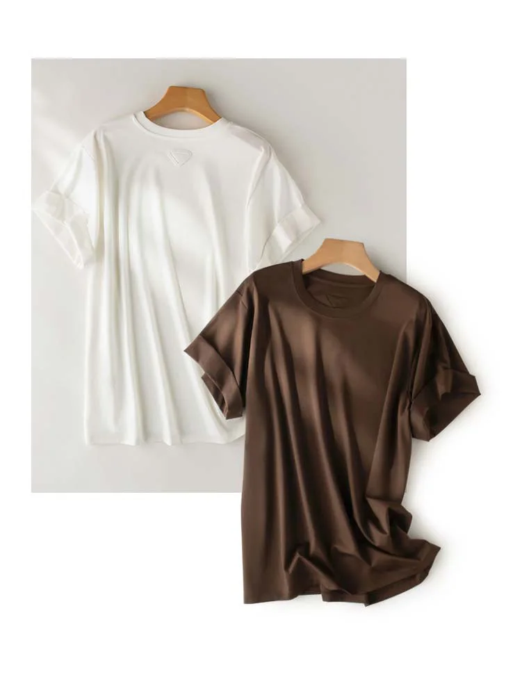 

Women Cuffed Short Sleeve T Shirt Oversize Modal Acetate Crew Neck Tees Tops