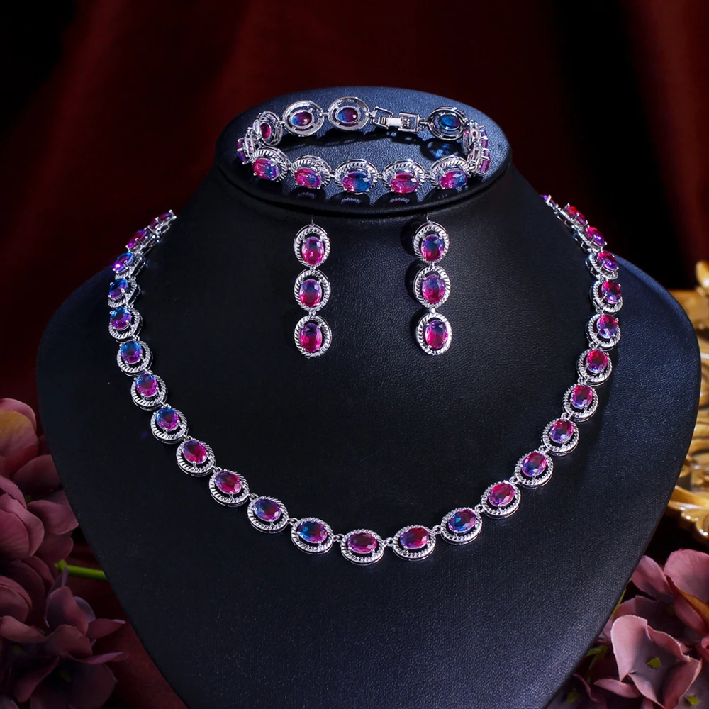 CWWZircons Charming Mystic Rainbow Cubic Zircon Earrings Necklace Bracelet 3 Pcs Women Party Wedding Costume Jewelry Sets T0757
