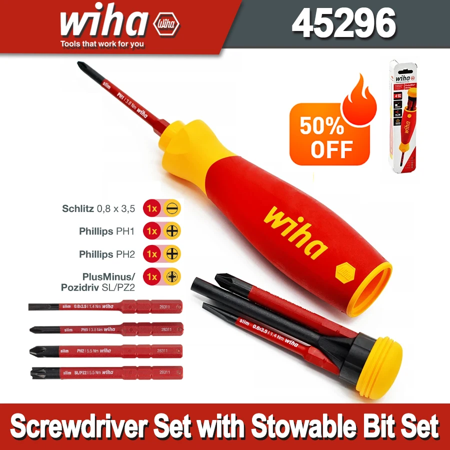 Wiha 4 In 1 Multifunctional Insulated Screwdriver with Bit Magazine PocketMax Electric for Phillips Slotted Pozidriv Screw 45296