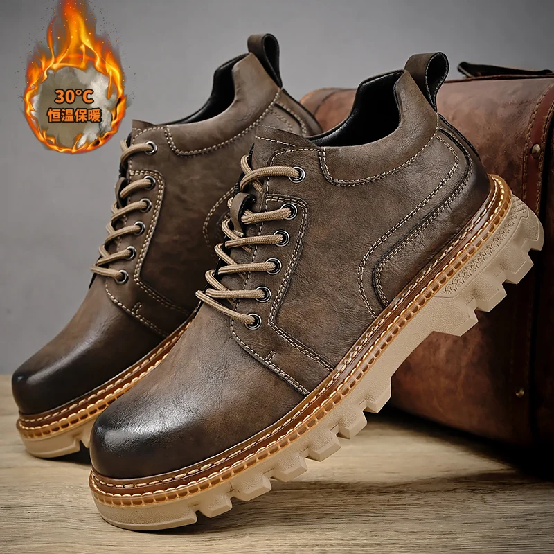 

Durable Autumn Men Motorcycle Boots Thick Sole Breathable Low Cut High-end Retro Casual Warm Boots