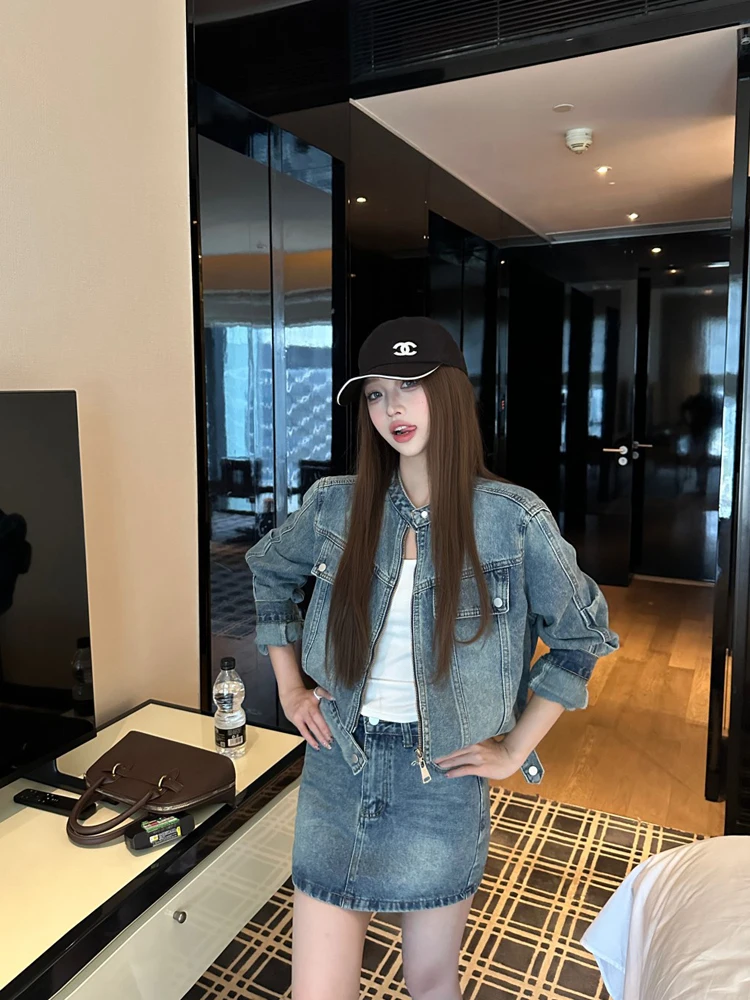 

Denim Coat Pink Flowers Womens Fall Young Patchwork Cropped Utility Double-Breasted Oversized Pleated Minimalist Jackets Vintage