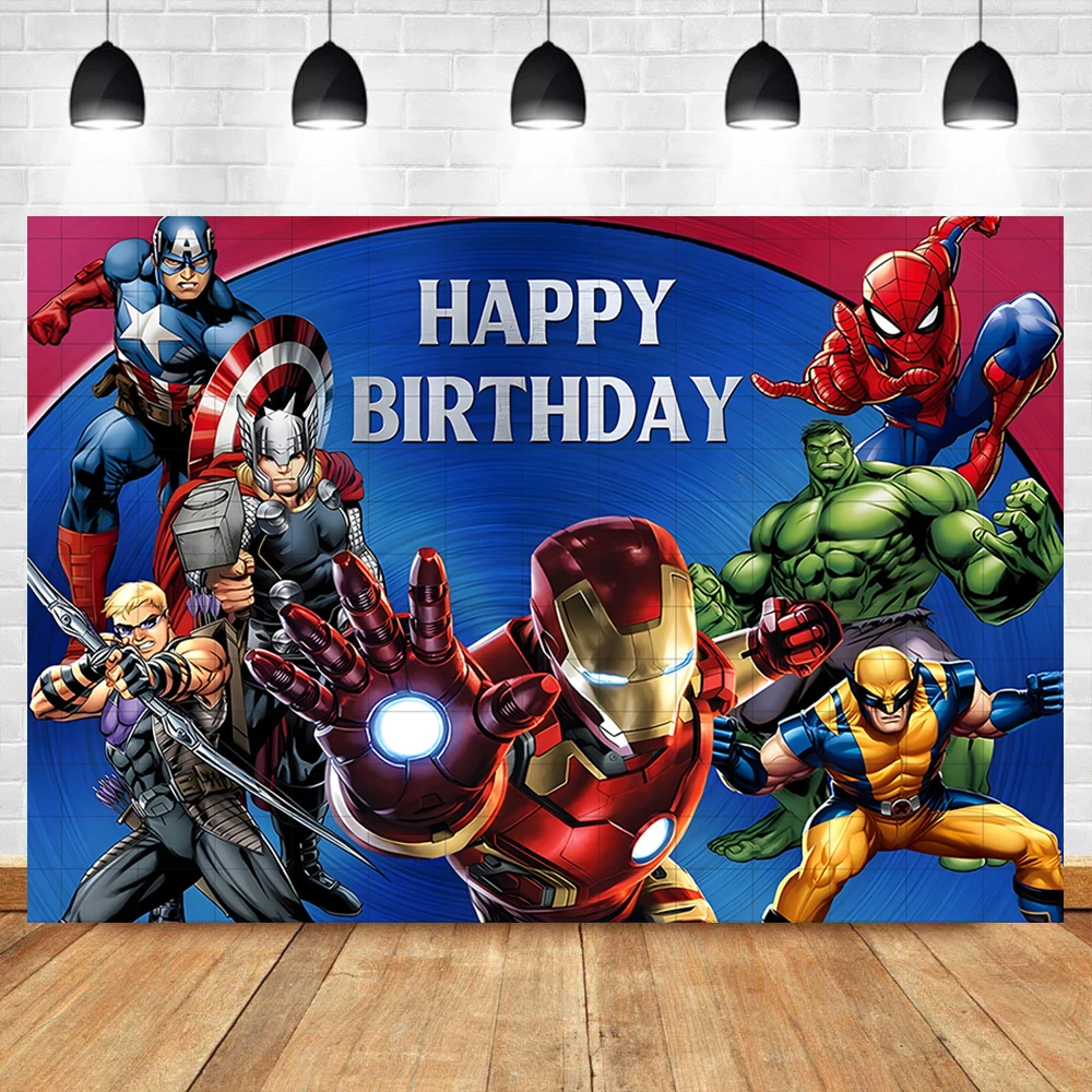 Toile de fond thème Avengers avec nom personnalisé, bannière de fête d'anniversaire pour enfants, affiche de fond de photographie de héros de ville, Spider-Man Hulk Iron Man