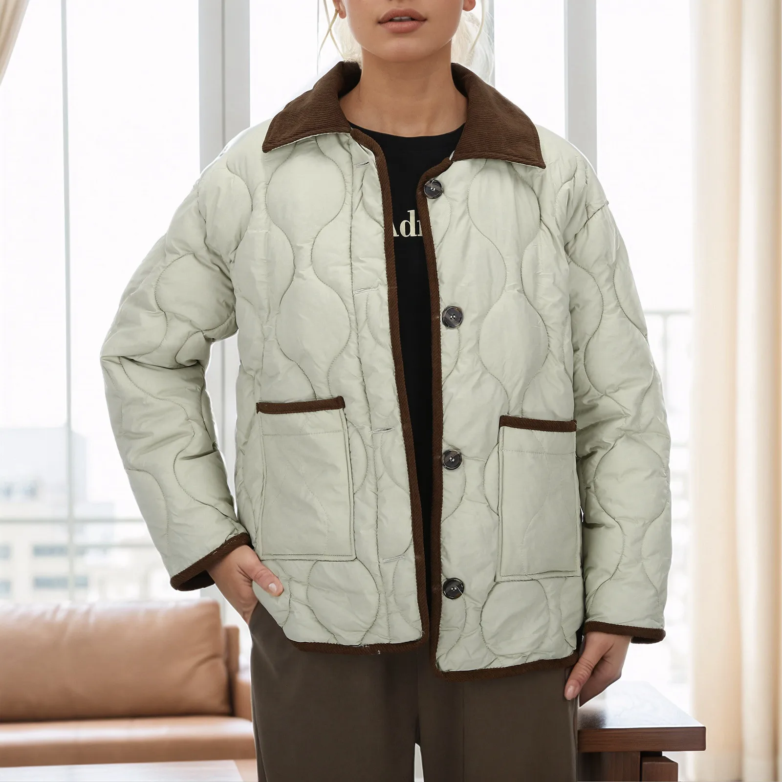 Women's Winter Jacket Contrast Color Lapel Warm Light Button Pocket Quilted Overcoat Woman Parkas Casual Fashion Outwear