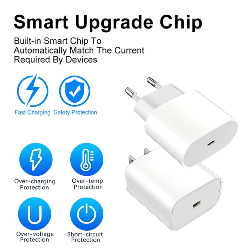 20W PD Fast Charging Wall Charger for iPhone 16 15 14 Plus 11 12 13 Pro Max X XR XS 8 US EU Plug Rapid USB-C Travel Charger Box