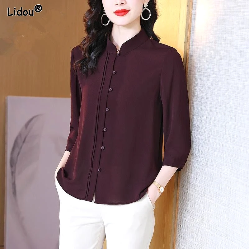 Temperament Office Lady Blouses Summer Thin Loose Button Three Quarter Sleeve Stand Collar Solid Fashion Casual Women\'s Clothing