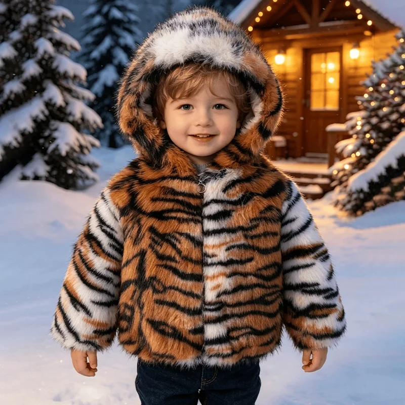 Boys New Tiger Stripe Faux Fur Warm Jacket Autumn Winter Plush Thicken Hooded Windproof Sports Outerwear for Kids 2-8 Years