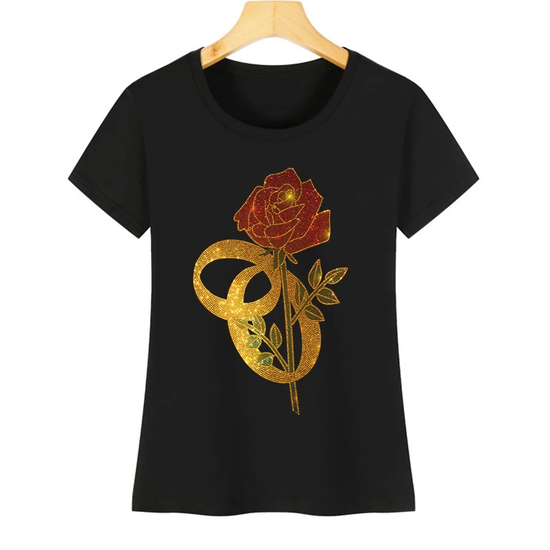 Hot selling hot diamond rose female leisure short-sleeved T-shirt printing diamond inlaid T-shirt series