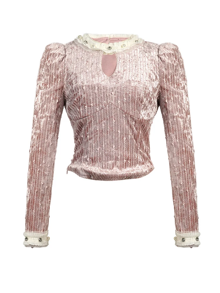 Elegante Frauen Rosa Samt Hemd Langarm Dünne Kurze Bluse Puff Sleeve Tops Perle Hohl Oansatz Bluse Femme Tops Kleidung Neue