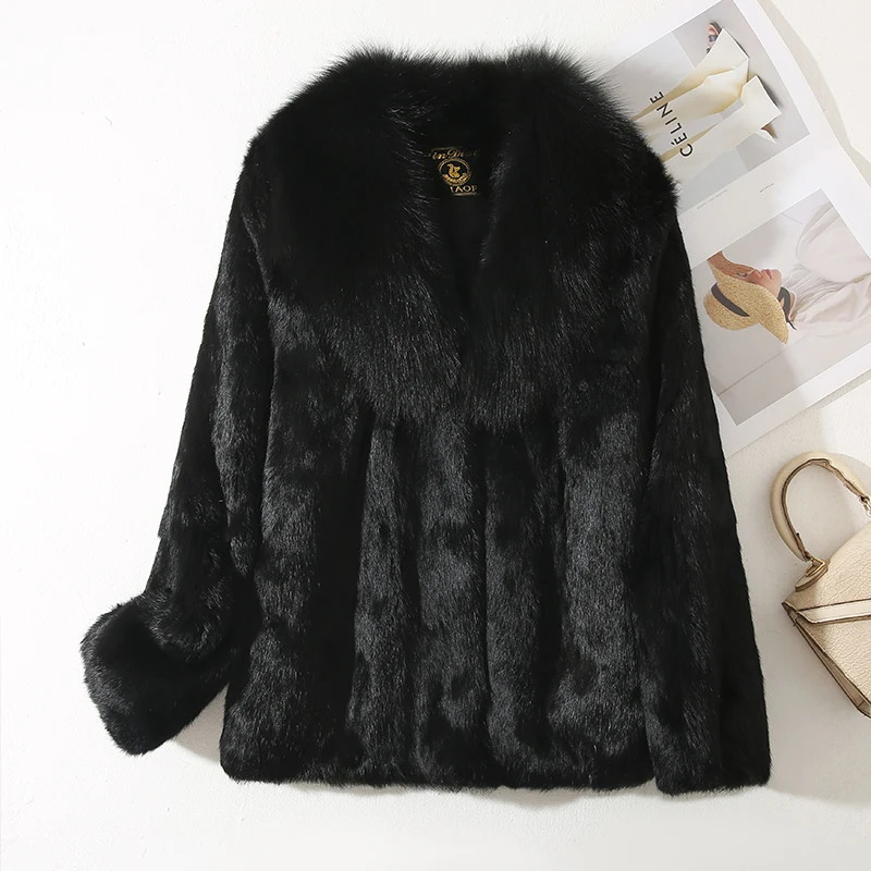 Genuine Whole 100% Real Natural Rabbit Fur Coat With Luxury Natural Fox Fur Collar Jacket Full Pelt Rabbit Fur Overcoat