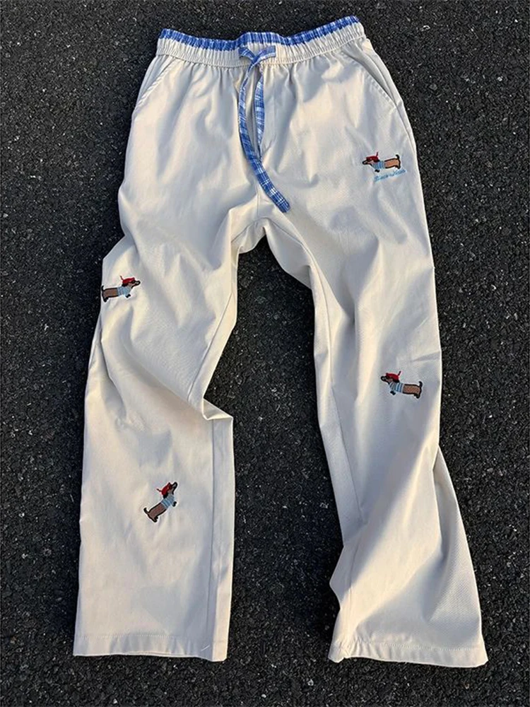 

Loose Fit Ice Silk Qui Dry Thin Summer Sport Pants for Men Embroidered Sausage Dog Casual Straight Leg Long Trousers