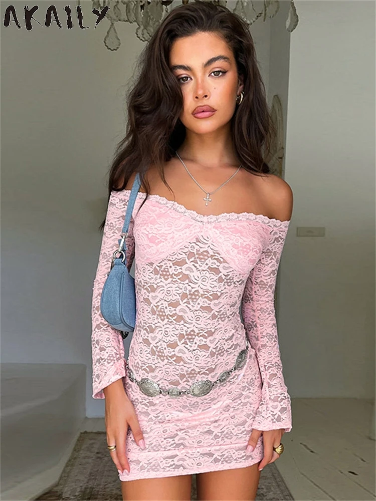 Akaily Summer Sexy Pink See Through Lace Booty Short Dress Party Clubwear For Woman 2024 Off Shoulder Strapless Chic Mini Dress