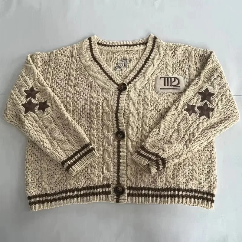 Women Autumn Cotton Star Embroidery Khaki Knitted Cardigans V Neck Aesthetic Retro Single Breasted Sweaters Y2k Beige Tops