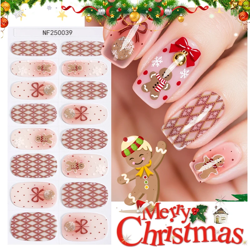 16Tips Christmas Semi Cured Gel Nail Strips Sparkly Snowflake Snowman Self-Adhesive Gel Nail Wraps Full Cover UV Nail Sticker
