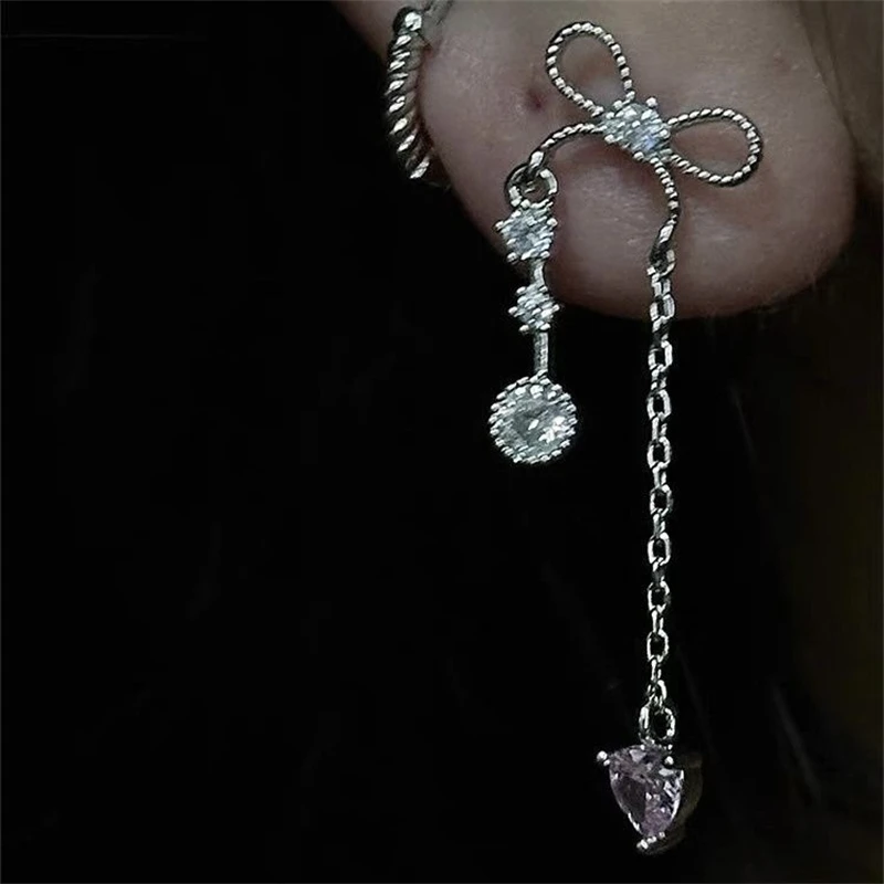 1pcs Bowknot Heart Long Pendant 316L Stainless Steel Ear Bone Nail for Women Silver Color Cochlear Nail Earring Y2K Punk Jewelry