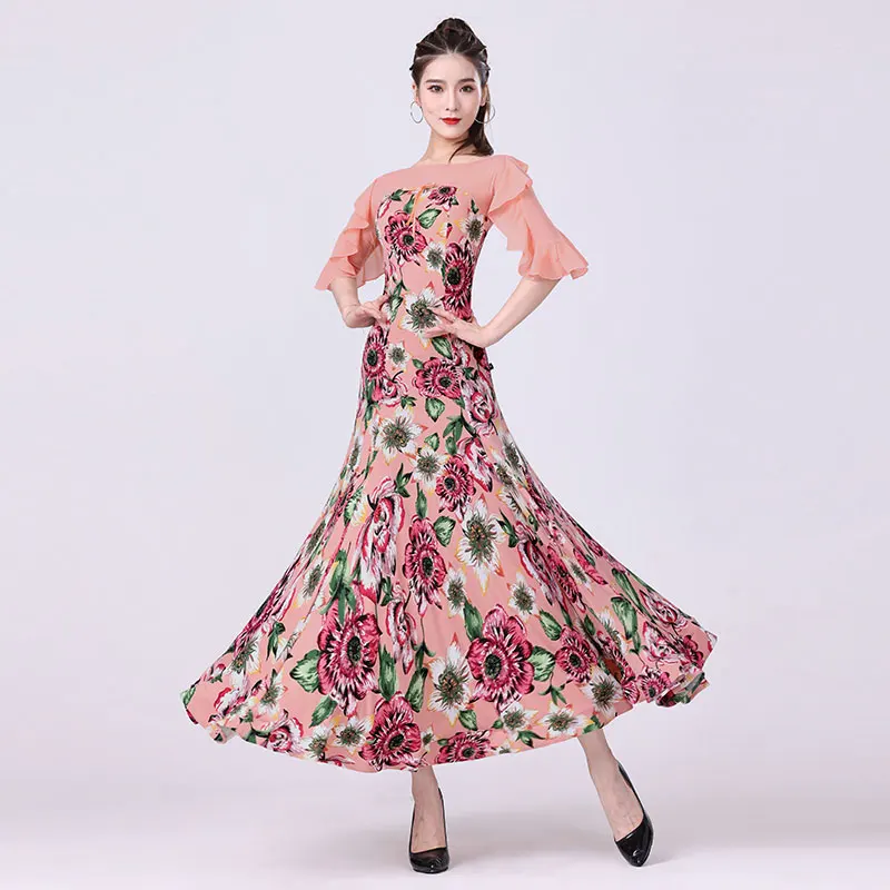 Women Ballroom Dress Clothes 2023 New Ruffle Sleeve Pink Waltz Costumes Chiffon High-end Party Modern Dance Competition Dresses