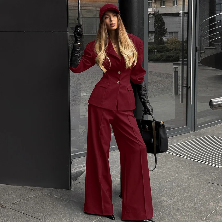 

Autumn Winter Vintage Burgundy Blazer And Pants Two-Piece Set For Women, Slimming Commuter Elegant Suit
