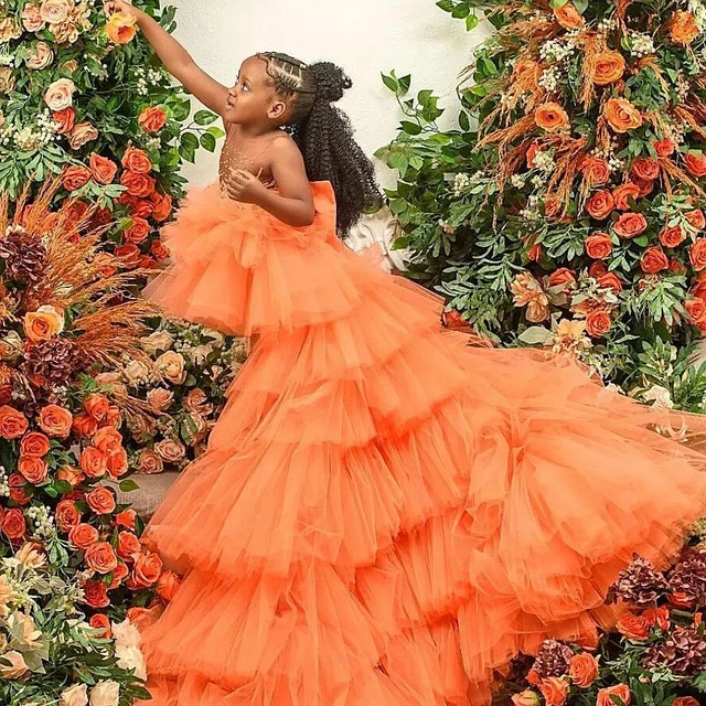 Orange High Low Flower Girl Dresses For Wedding Beaded Kids Party Girls Pageant Dresses Appliqued Birthday Photoshoot AliExpress