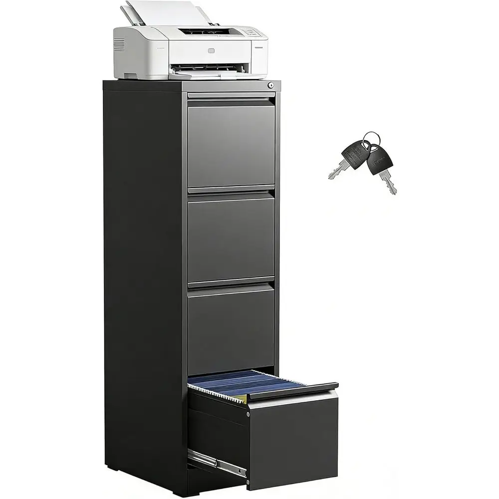 4-Drawer Vertical File Cabinet with Lock, Suitable for Home or Office, Black