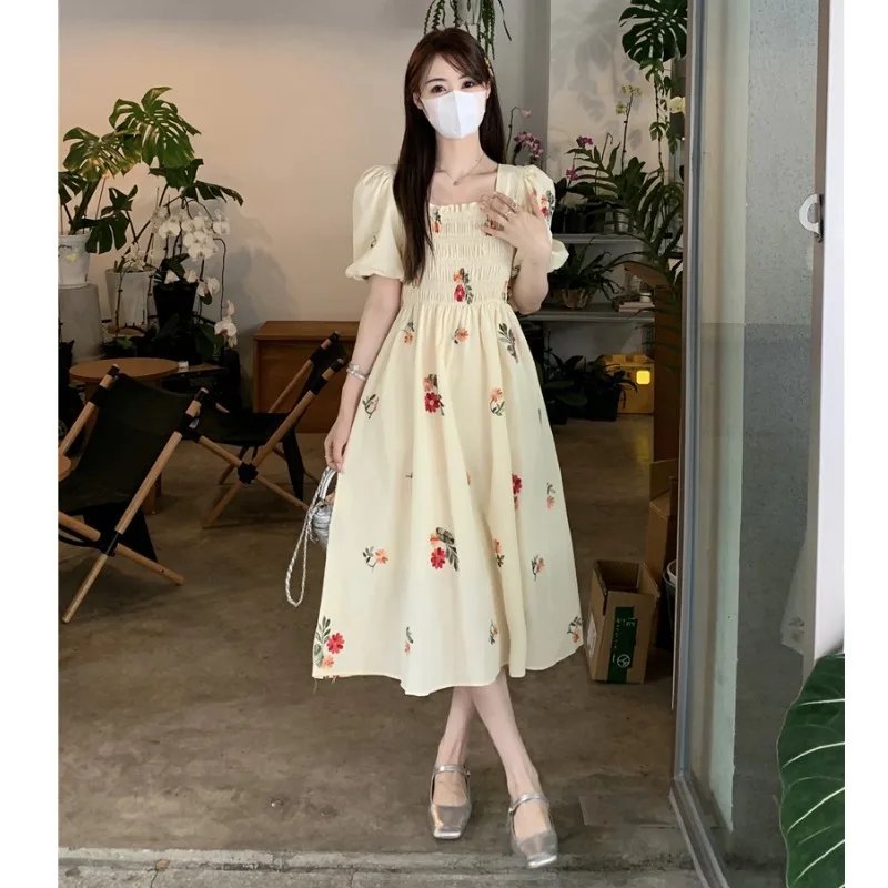 

2024 New Summer Korean New Slim Women's Dress Sweet Ladies Elegant Floral Dress Woman Casual Embroidery Puff Sleeve Dress Female