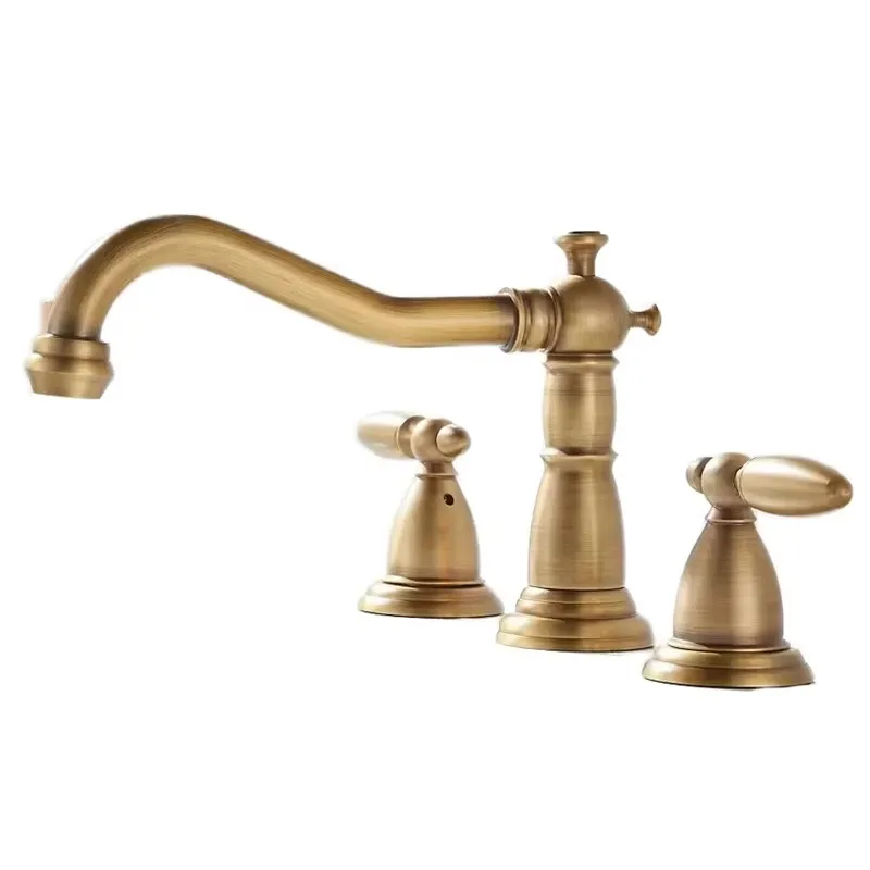 

Hot and Cold Water Bathroom Tap Deck-Mounted Double Handle Antique Brass Basin Faucet