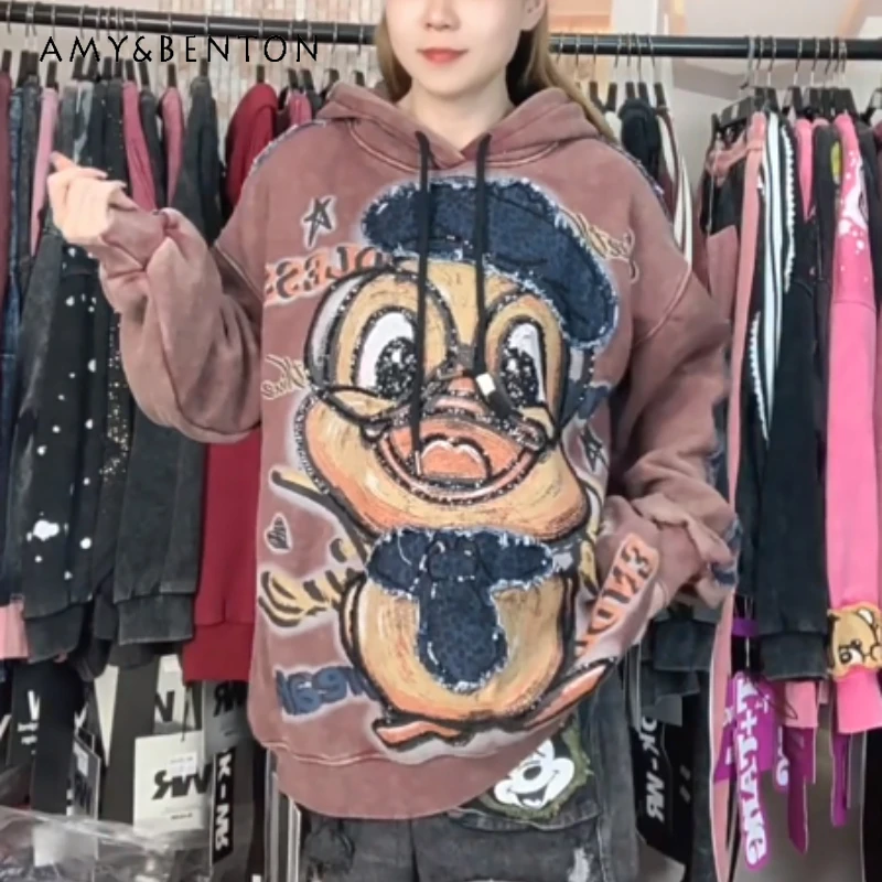 

Heavy Industry Glasses Cartoon Loose Hoodies Autumn Winter Fashion Oversized Fleece Thick Hooded Sweatshirts For Women's Jacket