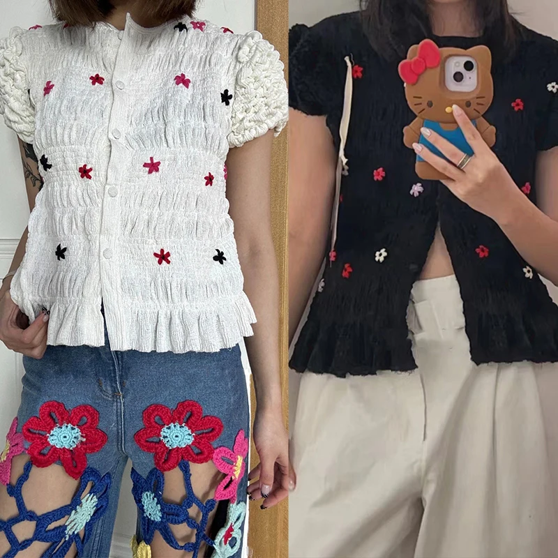 

Уругвайский модный топ с вышивкой цветами, эластичный, плиссированный, приталенный, с коротким рукавом и круглым вырезом, коллекция ранняя осень 2025