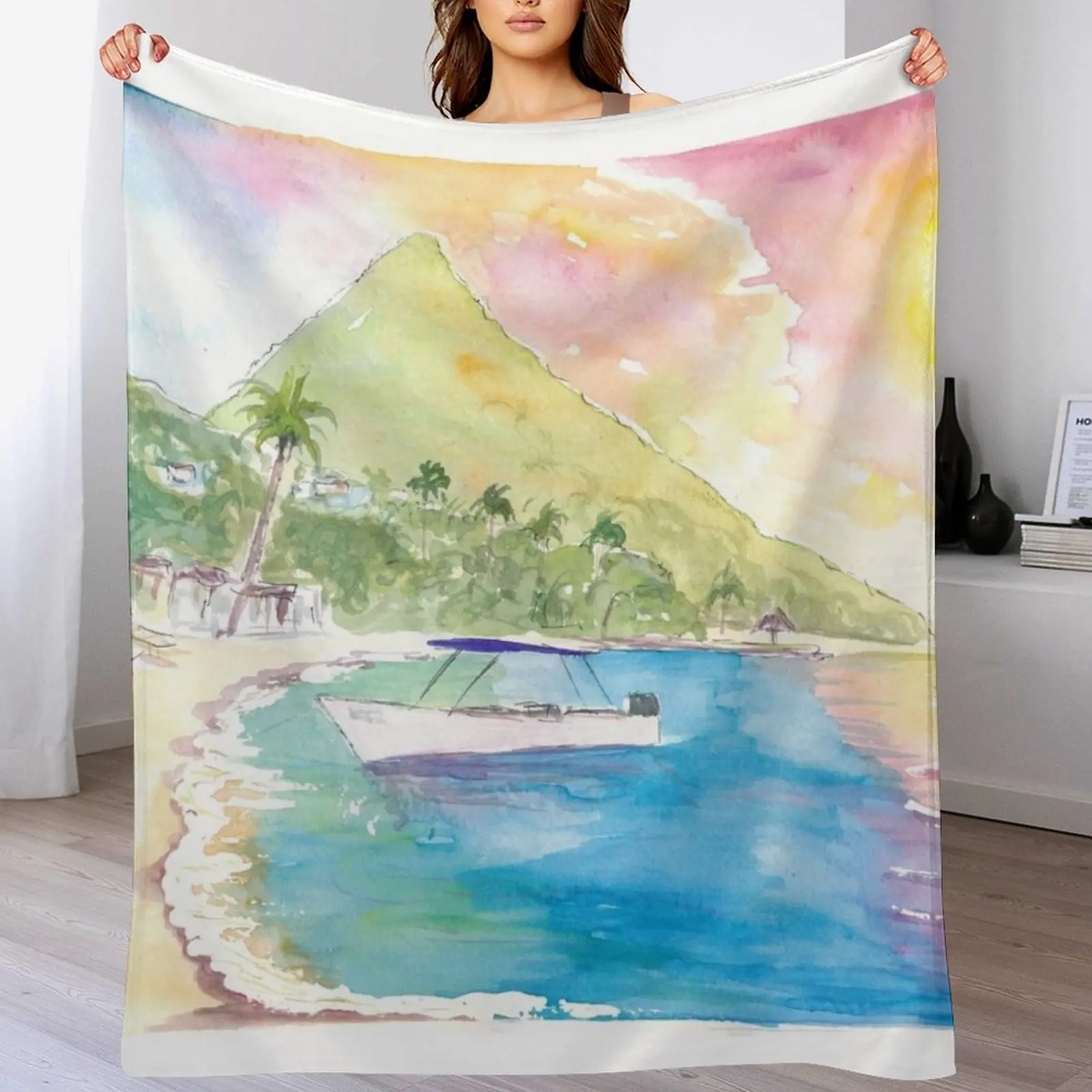 

St Lucia Sunset and Amazing Piton Beach Scene Throw Blanket heavy to sleep Softest Heavy Blankets