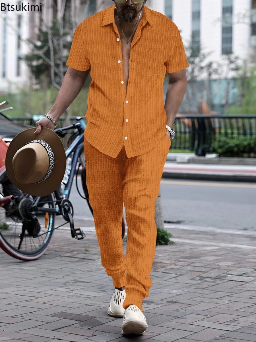 Men's Summer 2PCS Sets Jacquard Striped Short Sleeve Shirts and Shorts Men Casual Holiday Beach Wear Pants Suits Shirts Sets New view 2
