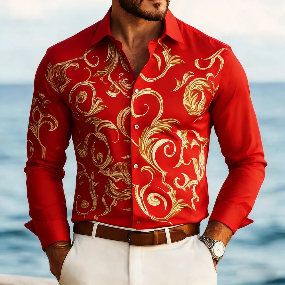 

2026 New Men's Breathable Long Sleeve Shirt Golden Vine High Definition 3D Printed Shirt Hawaiian Vacation Party Men's Clothing