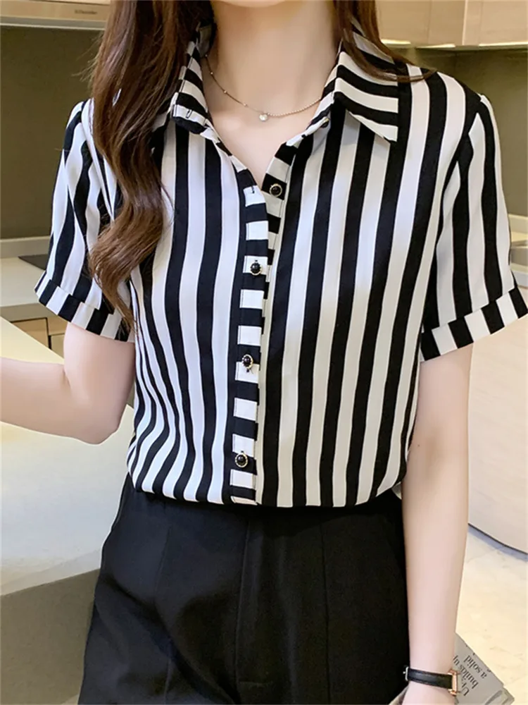 #3303 Summer Black And White Striped Shirt Women Single Breasted Office Shirt Femme Short Sleeve Satin Shirt Elegant Regular Fit