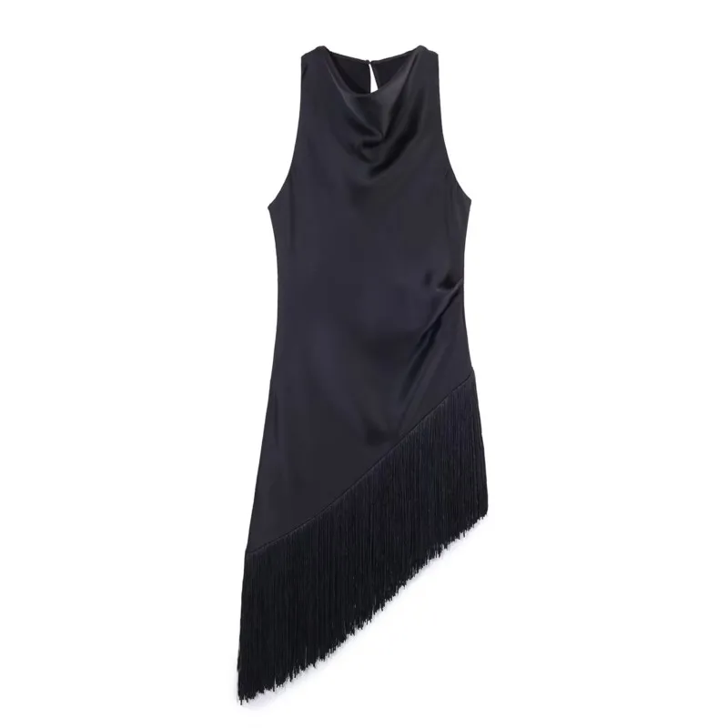 

Women Fringing Long Satin Tassel Top Spring Summer Fashion Flowing Neck Sleeveless Elegant Asymmetric Hem Female Chic Tops