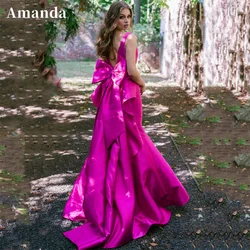 Amanda Simple Satin فساتين السهرة Cute Bow On Back Prom Dress A-line Vestidos De Noche Rose Pink Sleeveless فساتين مناسبة رسمية